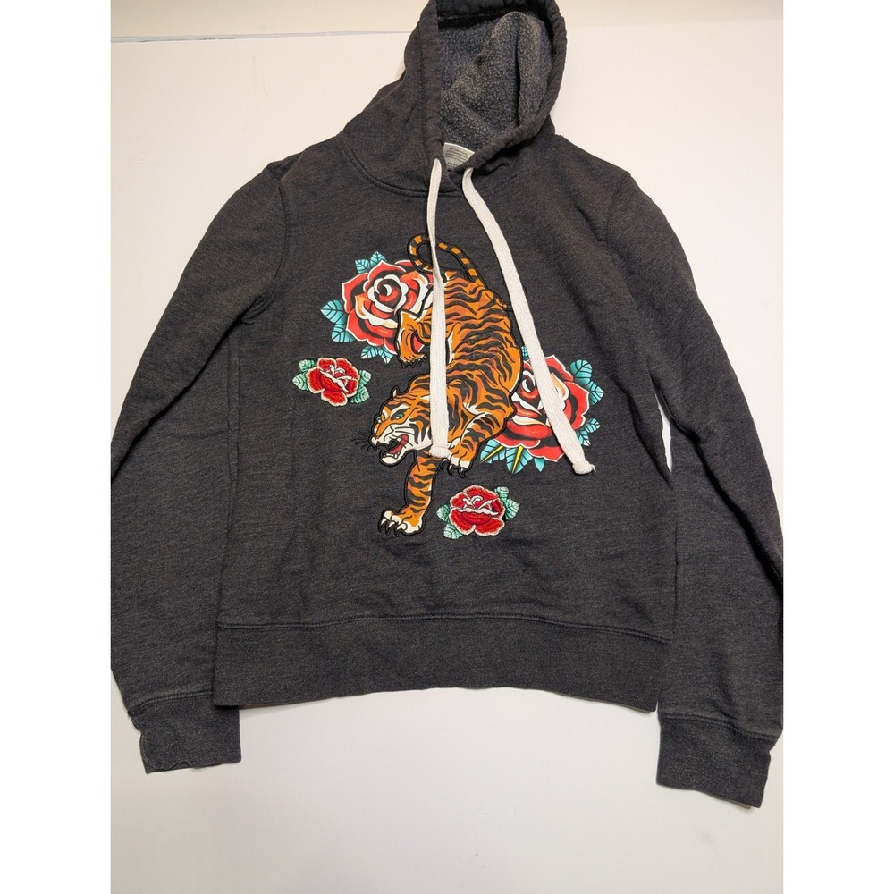 Freeze Womens Tiger and Roses Graphic Hoodie Charcoal Gray Fleece Sweatshirt S